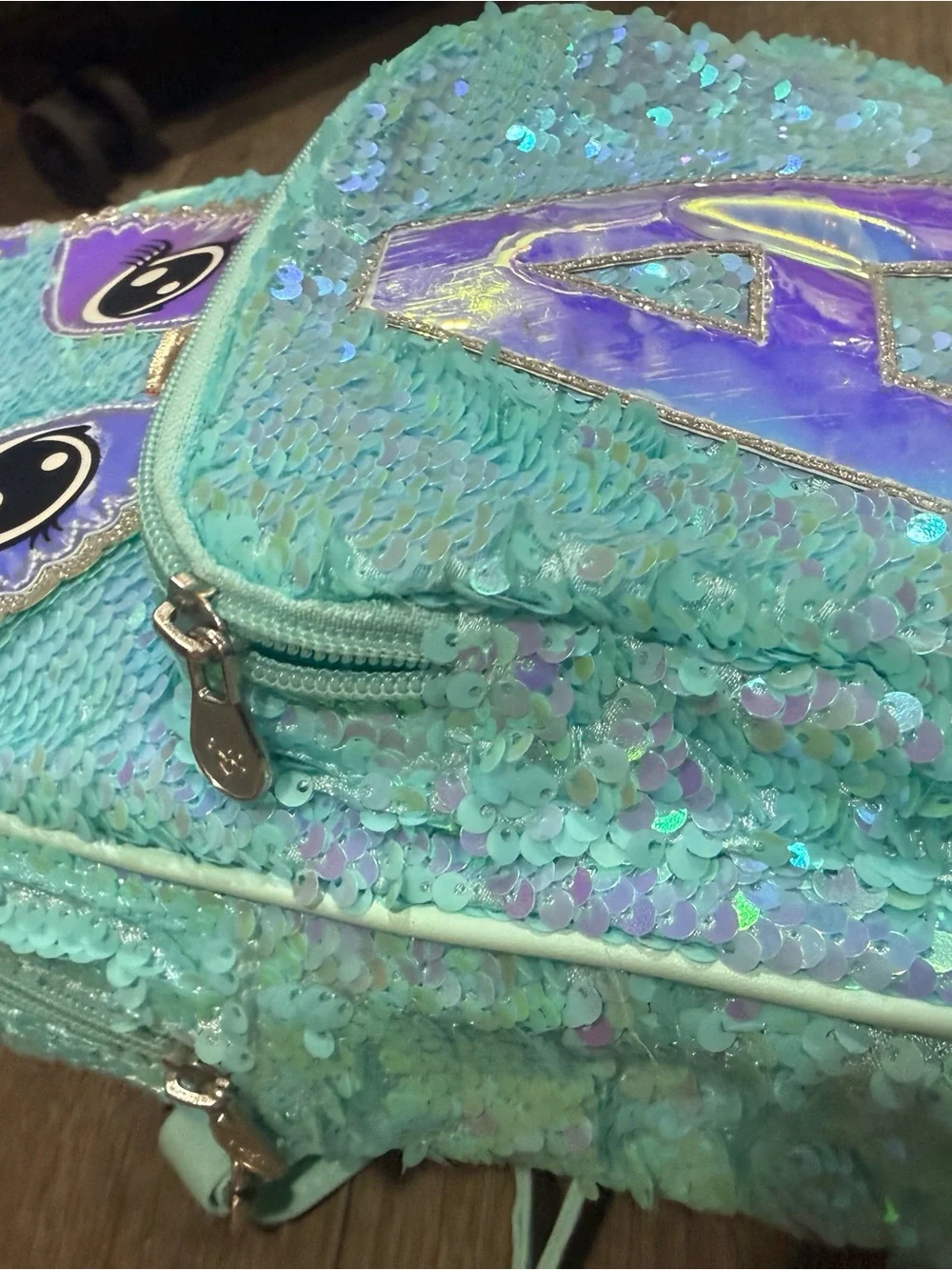 A initial Justice Aqua Blue Sequin Owl Mini Backpack 10”x8”x2.5”